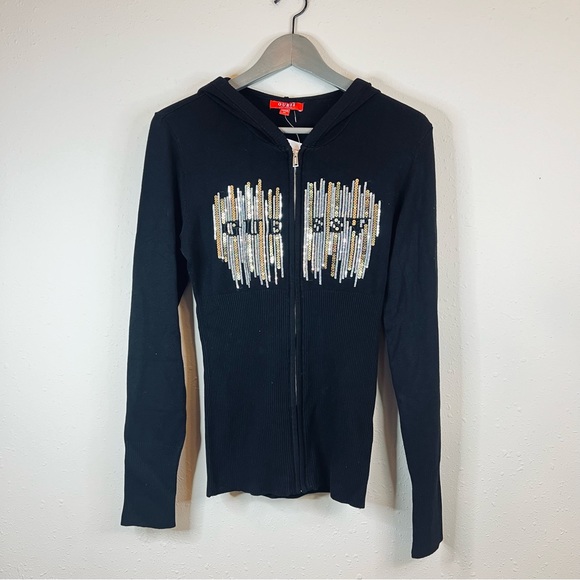 GUESS Sequins Logo Black Knit Women’s Sweater Hoodie Size Medium NWT - Picture 1 of 9